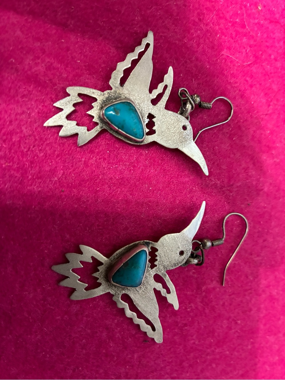 Navajo Tawney Cruz Turquoise Inlay Hummingbird Dangle Earrings